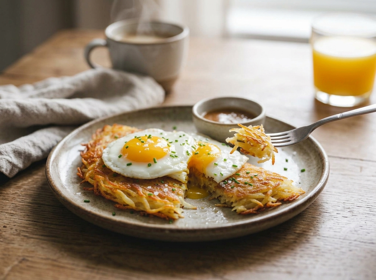 Two plates of rösti and fried eggs on a linen napkin, coffee cup and orange juice glass nearby.