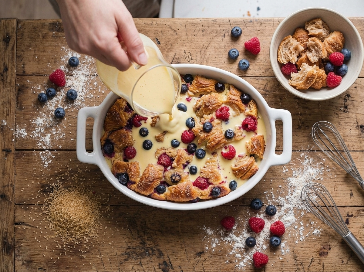Custard being poured over torn spelt croissant chunks and scattered berries in a glass baking dish before baking