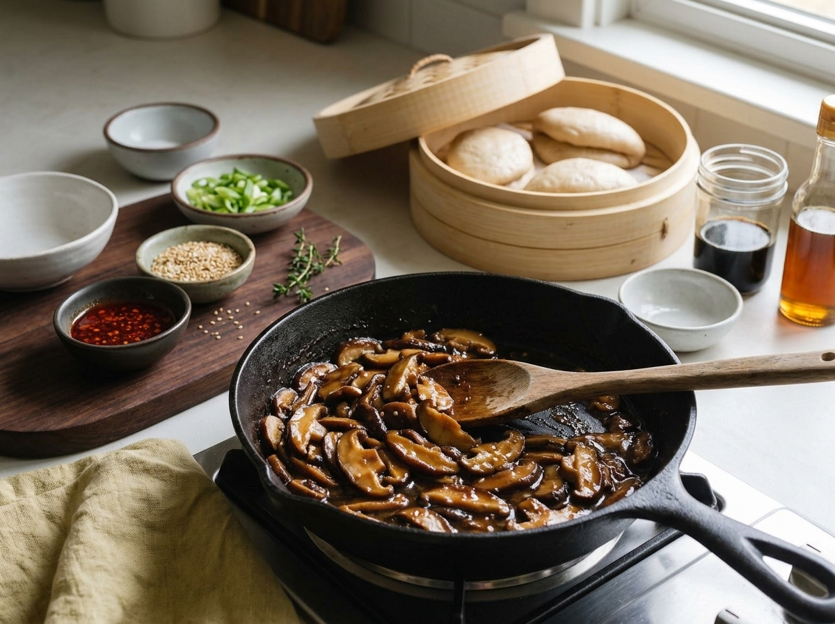Sticky mushrooms simmering in a skillet, glossy soy-ginger glaze coating each piece, wooden spoon stirring steadily