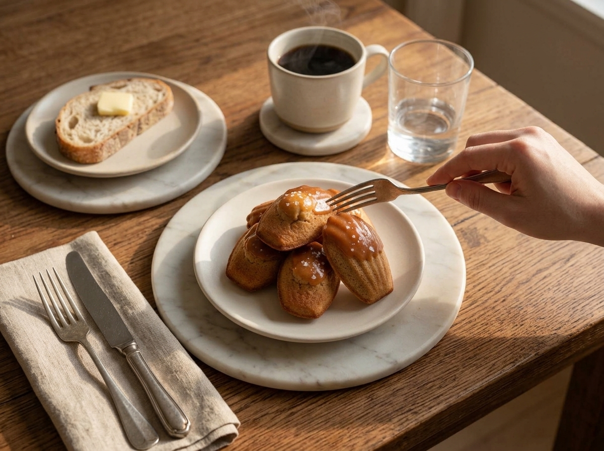 A plate of caramel-dipped spelt madeleines beside a cup of black coffee on a linen-covered breakfast table