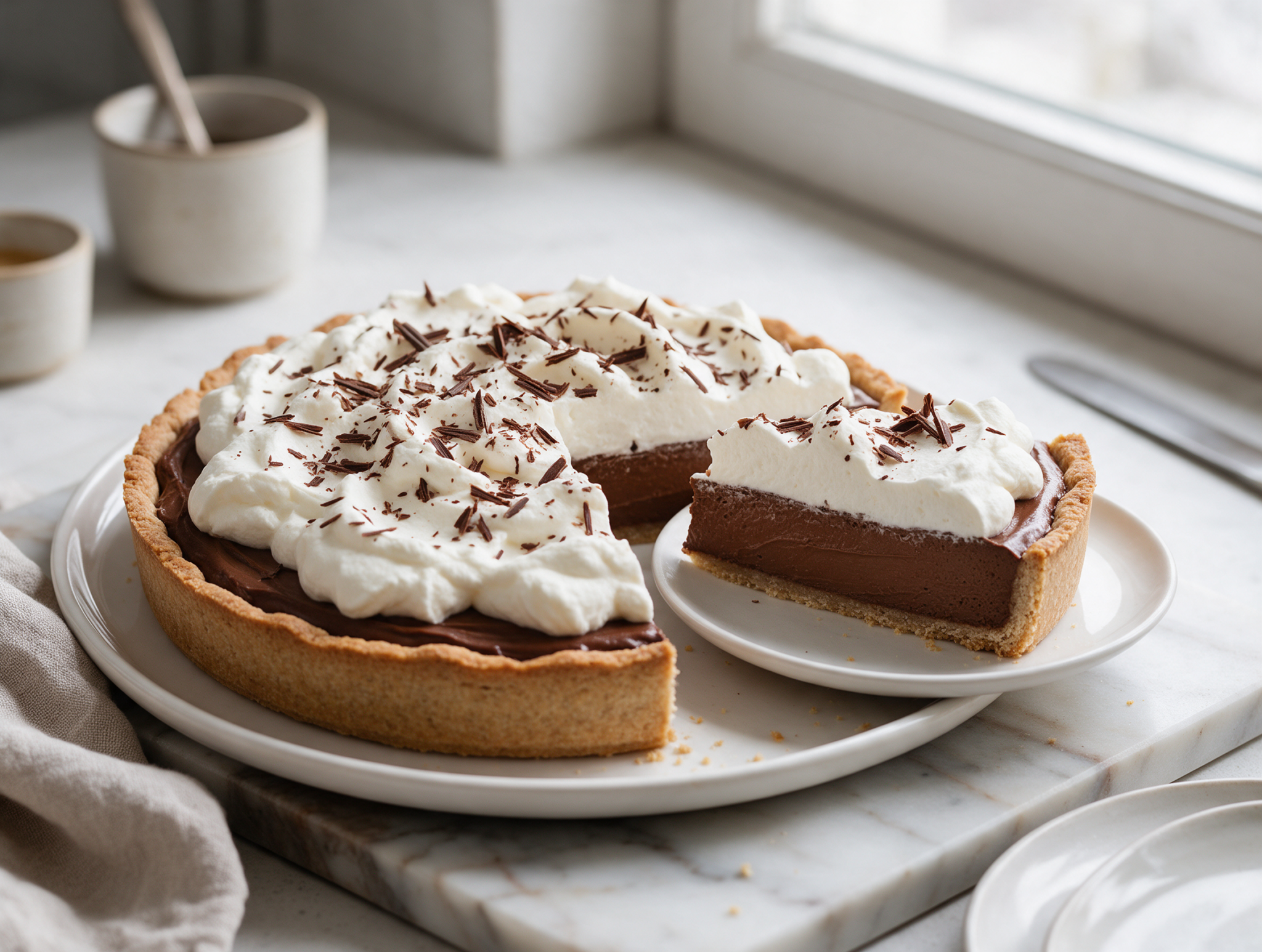 Sliced spelt chocolate mousse pie on a marble board, showing the golden baked crust, mousse layer, and chocolate shaving topping.