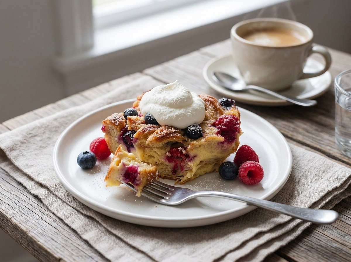 A plated slice of berry bread pudding with whipped cream next to a cup of coffee on a linen-covered table