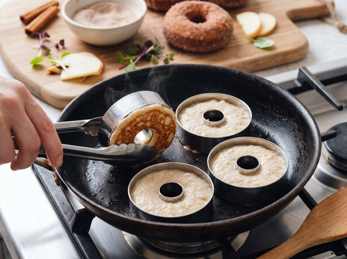 Pale pancake batter bubbling inside metal doughnut rings in a dark skillet while a hand lifts one ring with tongs
