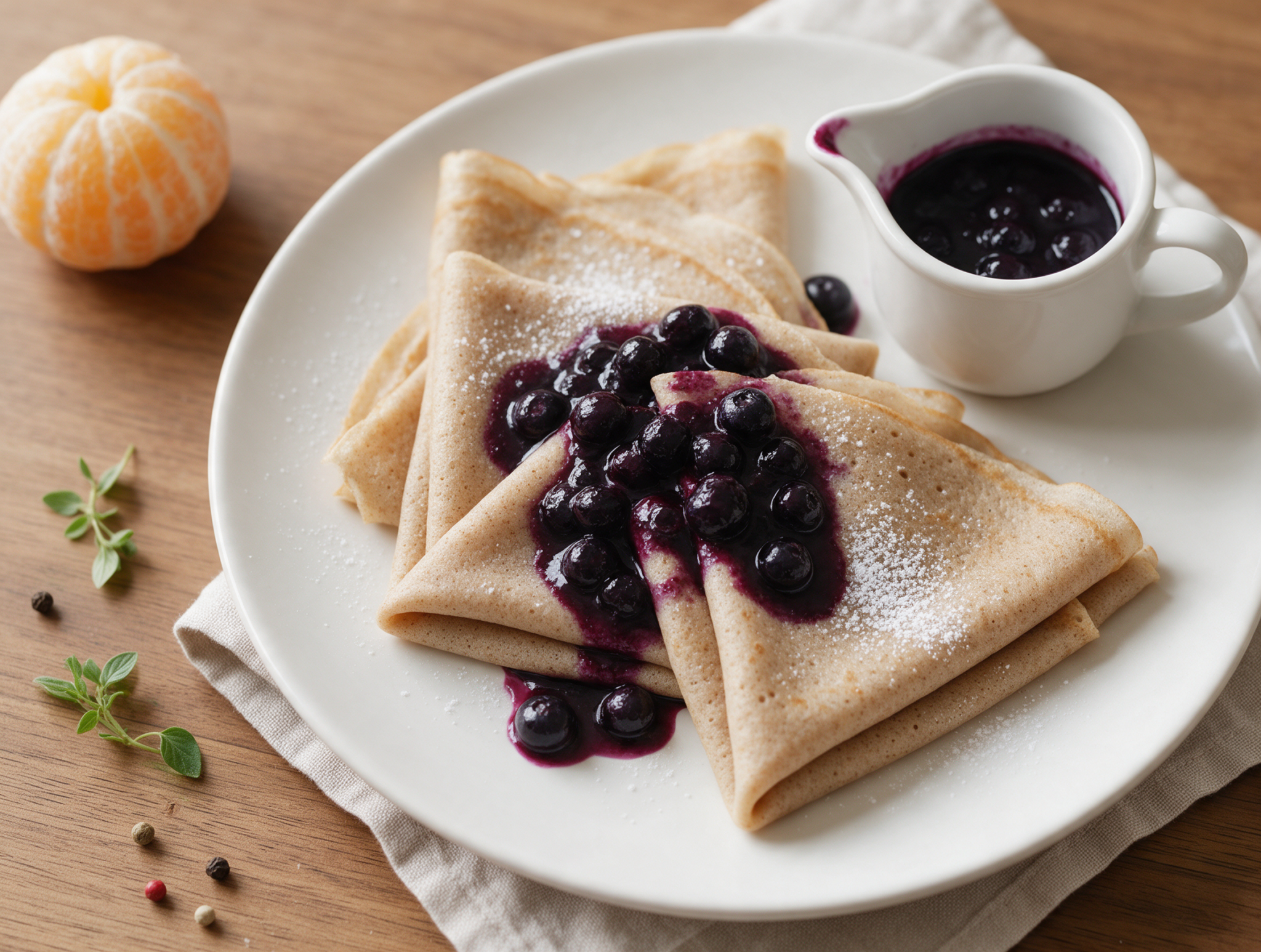 Folded spelt crêpes topped with glossy blueberry compote and powdered sugar on a white plate in soft window light