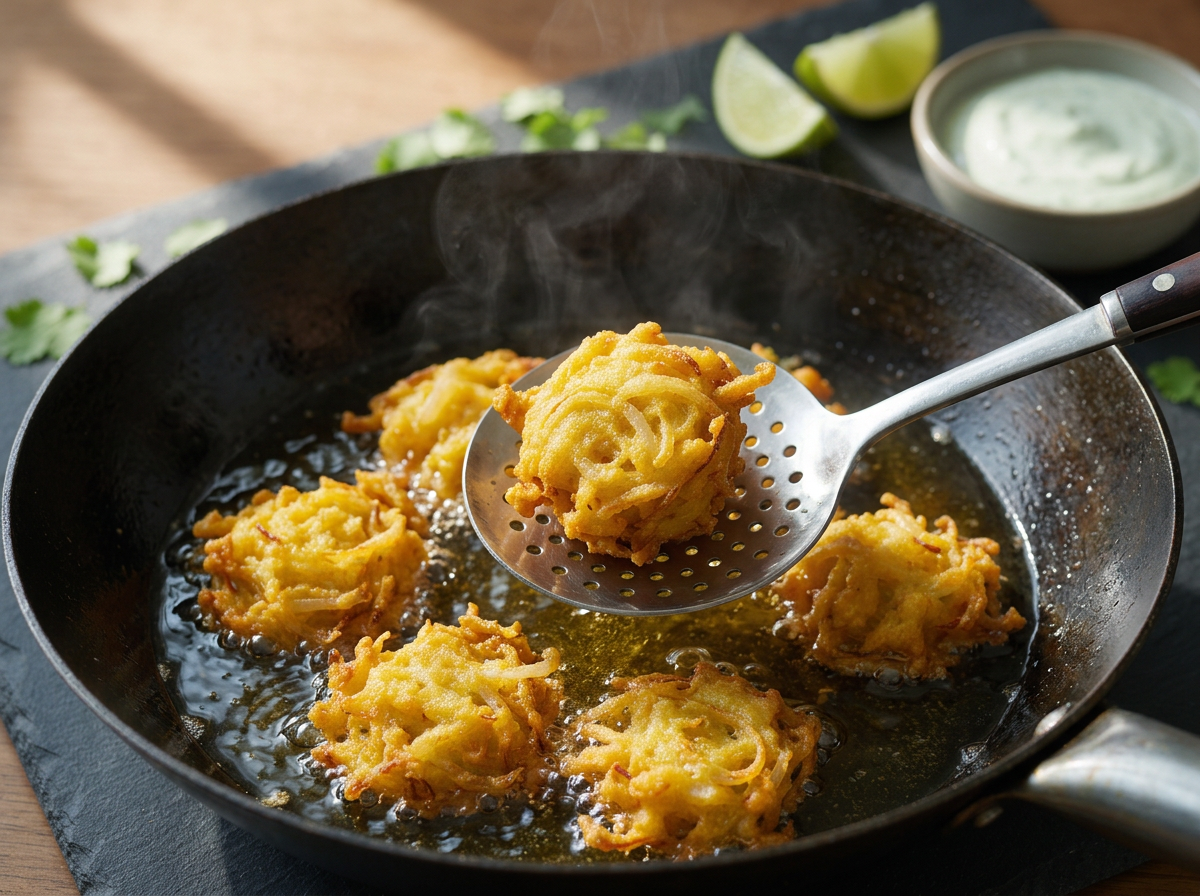 Onion bhaji fritters bubbling in hot oil in a dark wok, a slotted spoon lifting one out mid-fry.