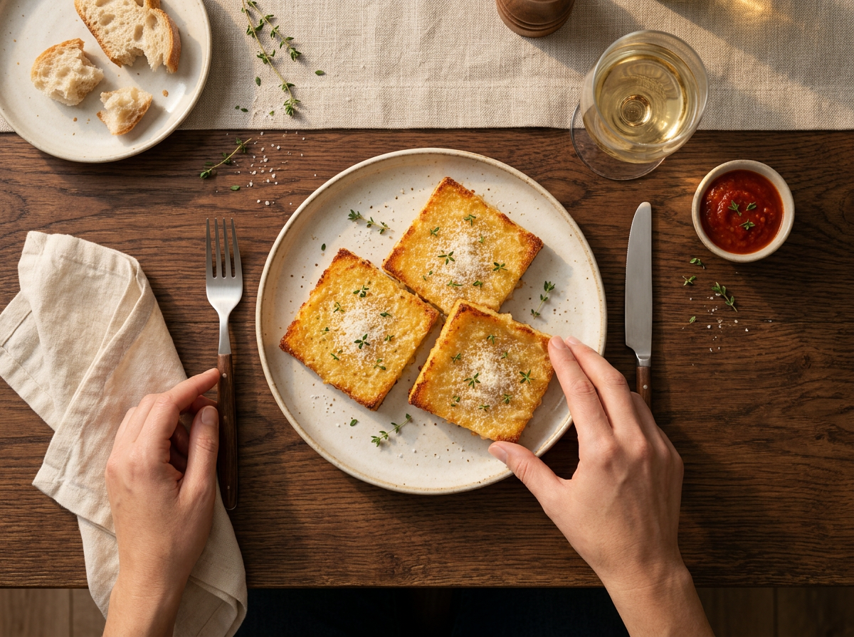 Two people reaching for baked polenta squares at a rustic table with linen napkins and a glass of white wine.