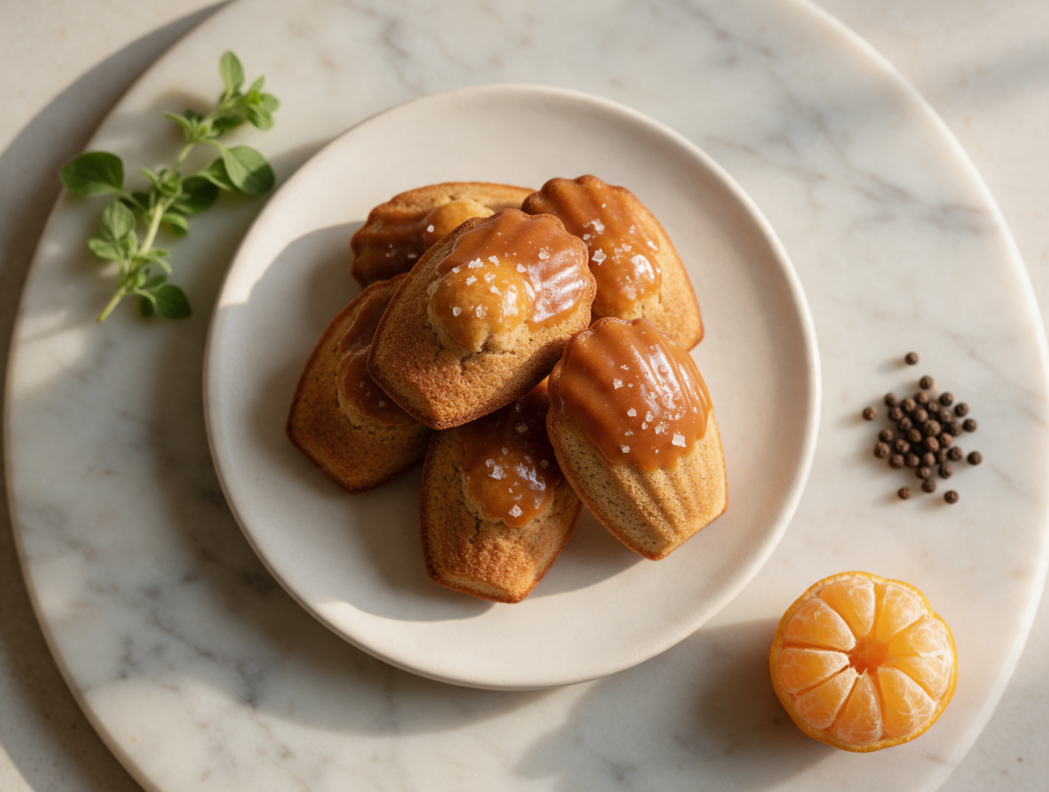 Golden spelt madeleines piled on a marble board, glossy caramel dip and flaky salt visible on the shell ridges
