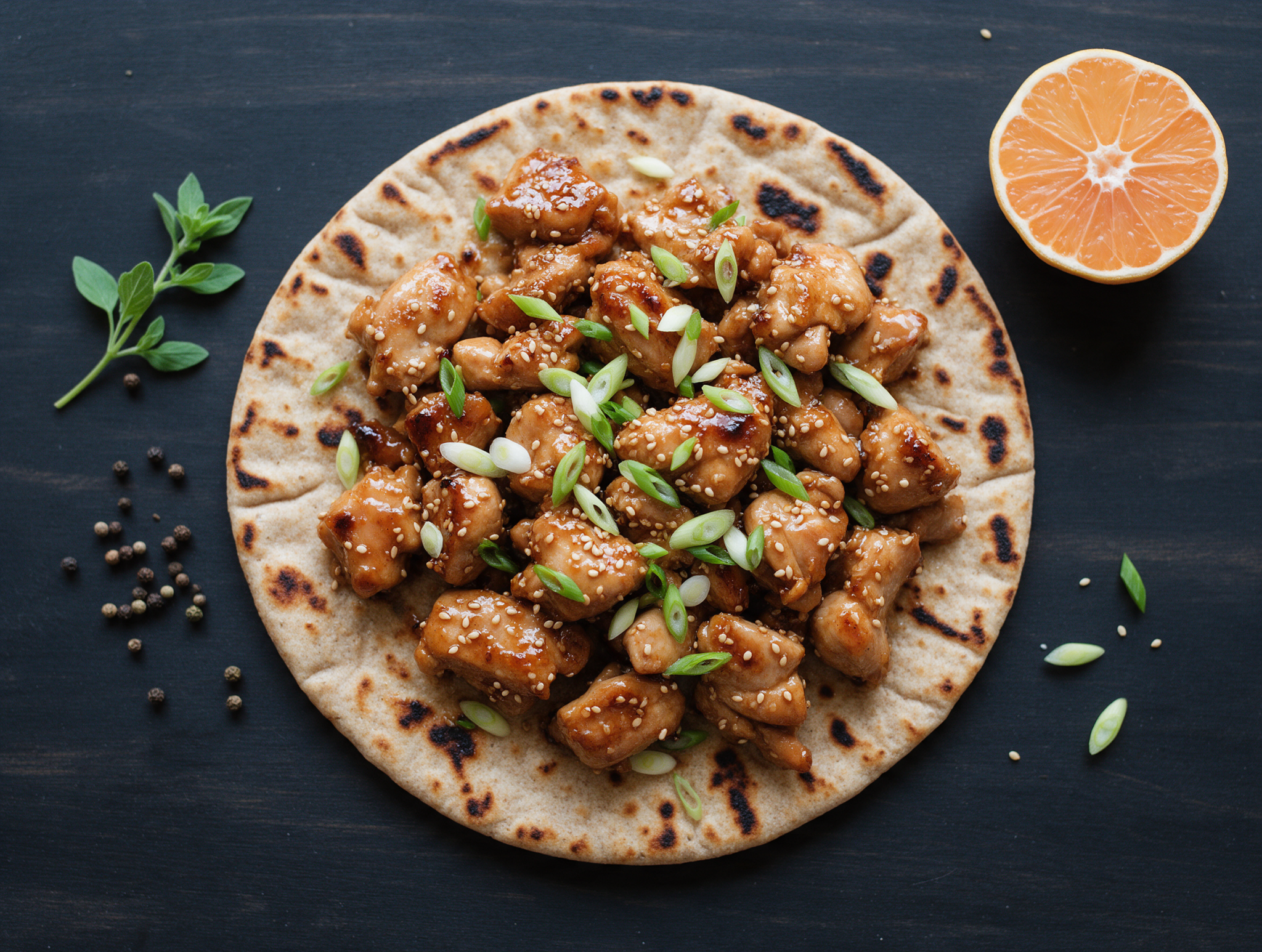 Golden toasted spelt flatbread topped with glossy sticky sesame chicken, scallions and sesame seeds on a dark wood board