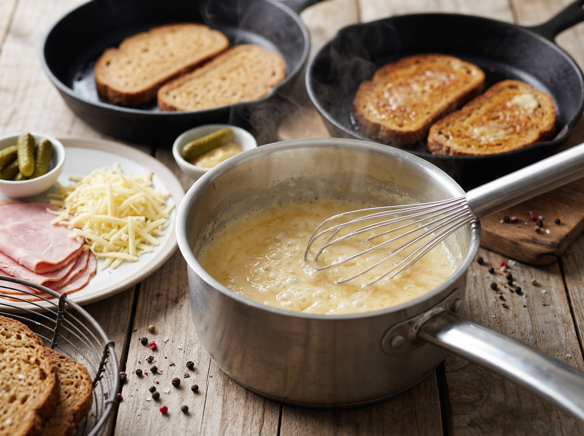 Whisking a nutmeg bechamel in a saucepan as it thickens, spelt bread toasting golden in a skillet nearby.