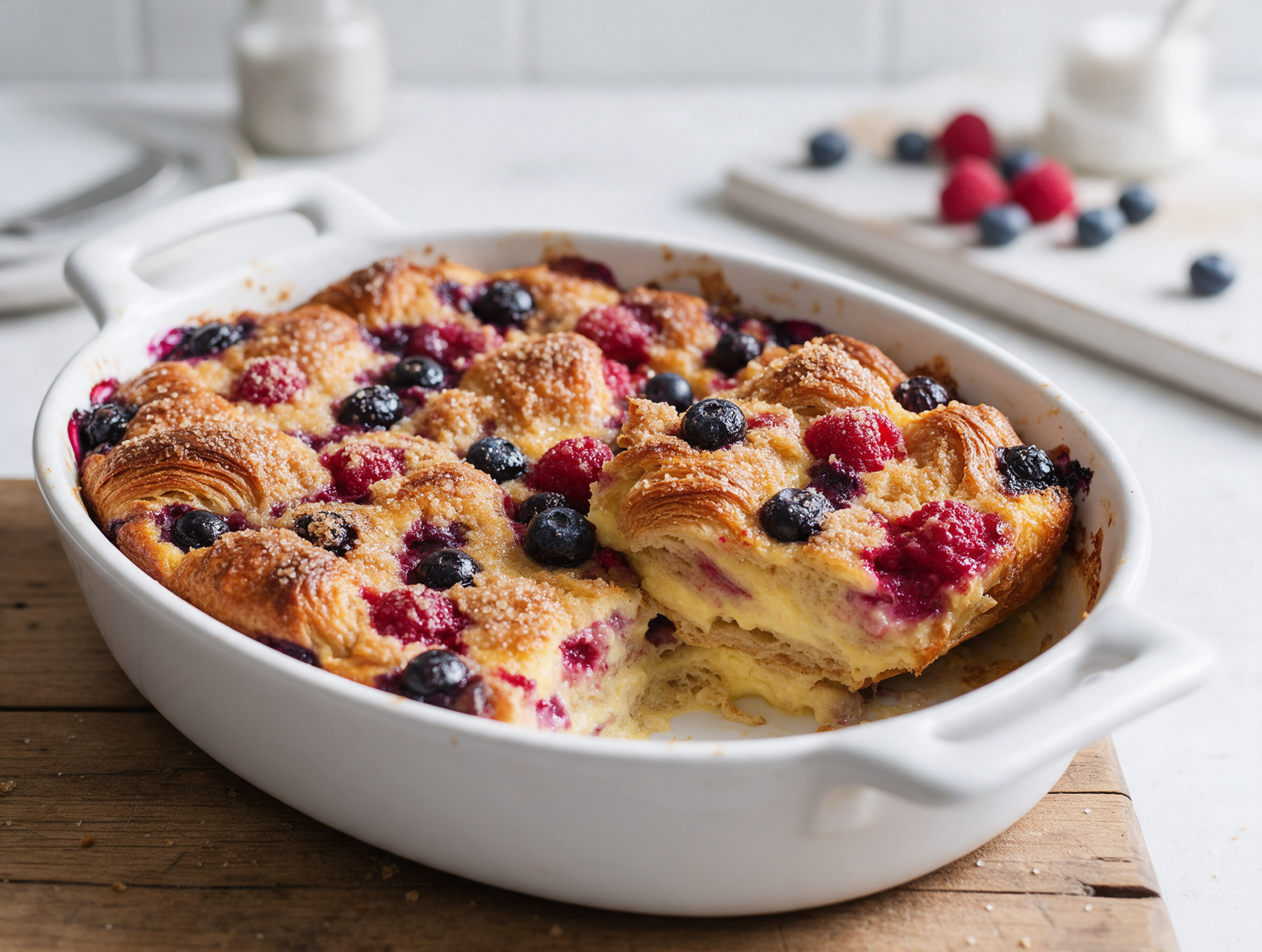 Golden baked spelt croissant bread pudding with berries bursting through a sugared top in a white ceramic dish