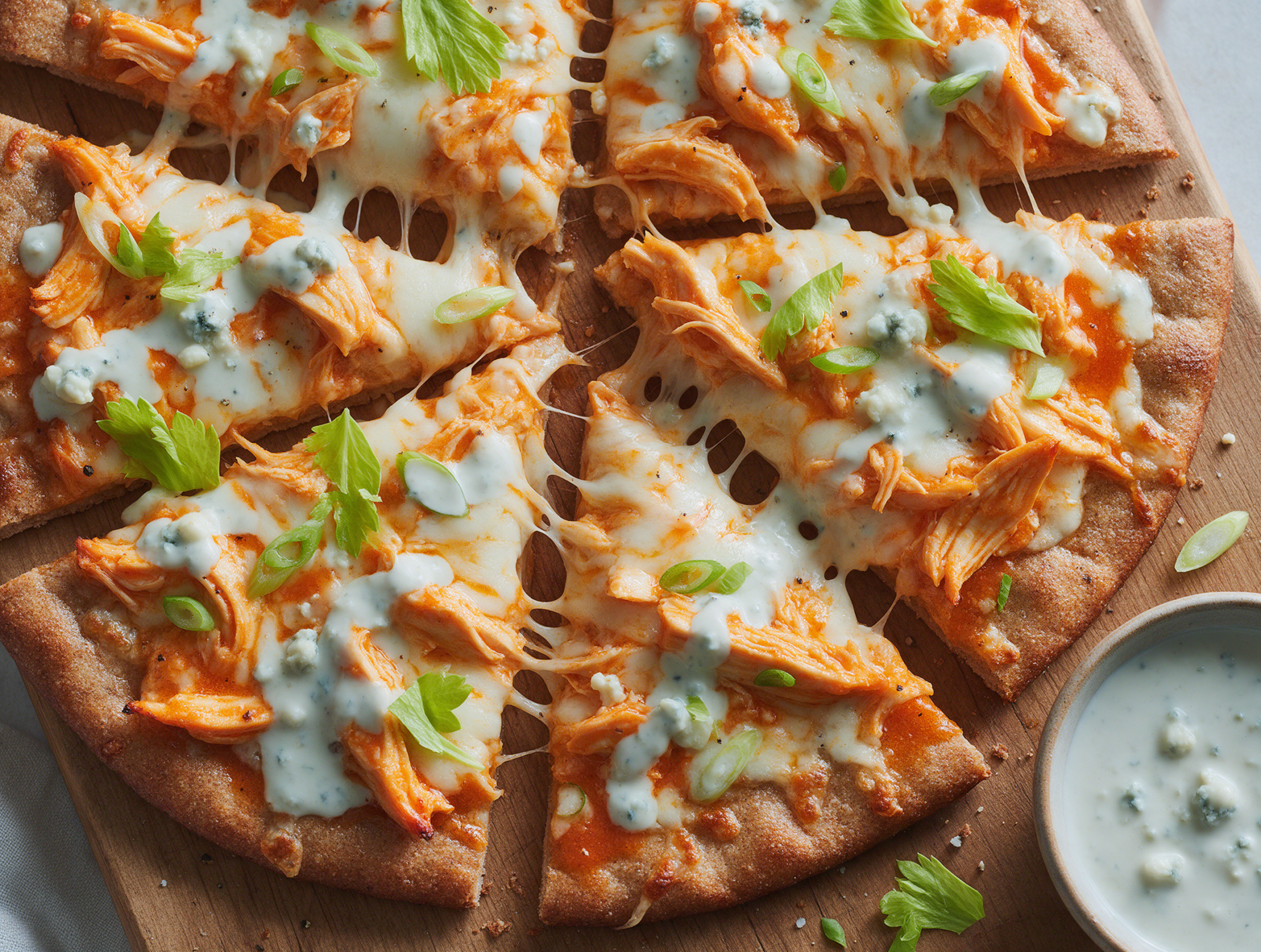 Sliced buffalo chicken spelt flatbread on a wooden board, melted mozzarella and blue cheese drizzle visible up close.