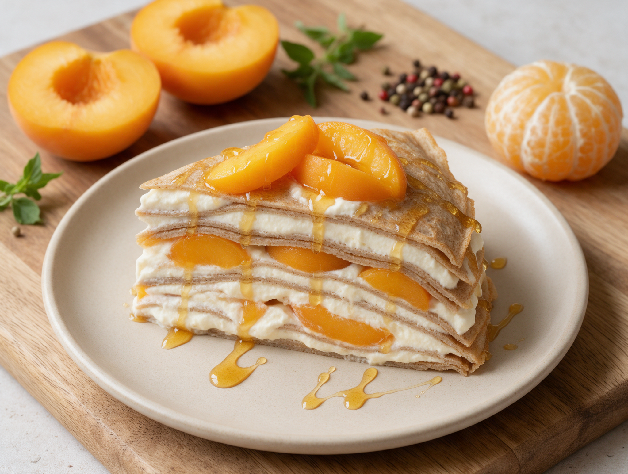 Sliced spelt crêpe cake on a wooden board showing thin cream layers and fresh peach slices under soft daylight.