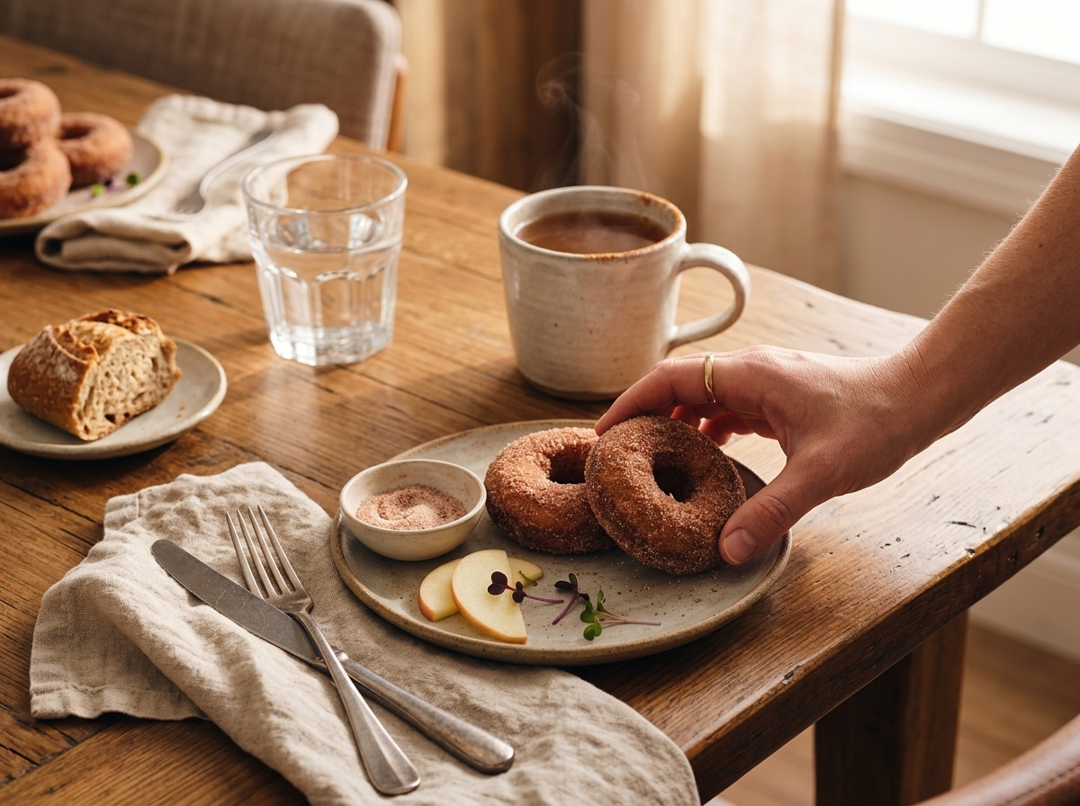 Two cinnamon sugar doughnuts on a small plate beside a mug of hot cider on a linen-topped breakfast table