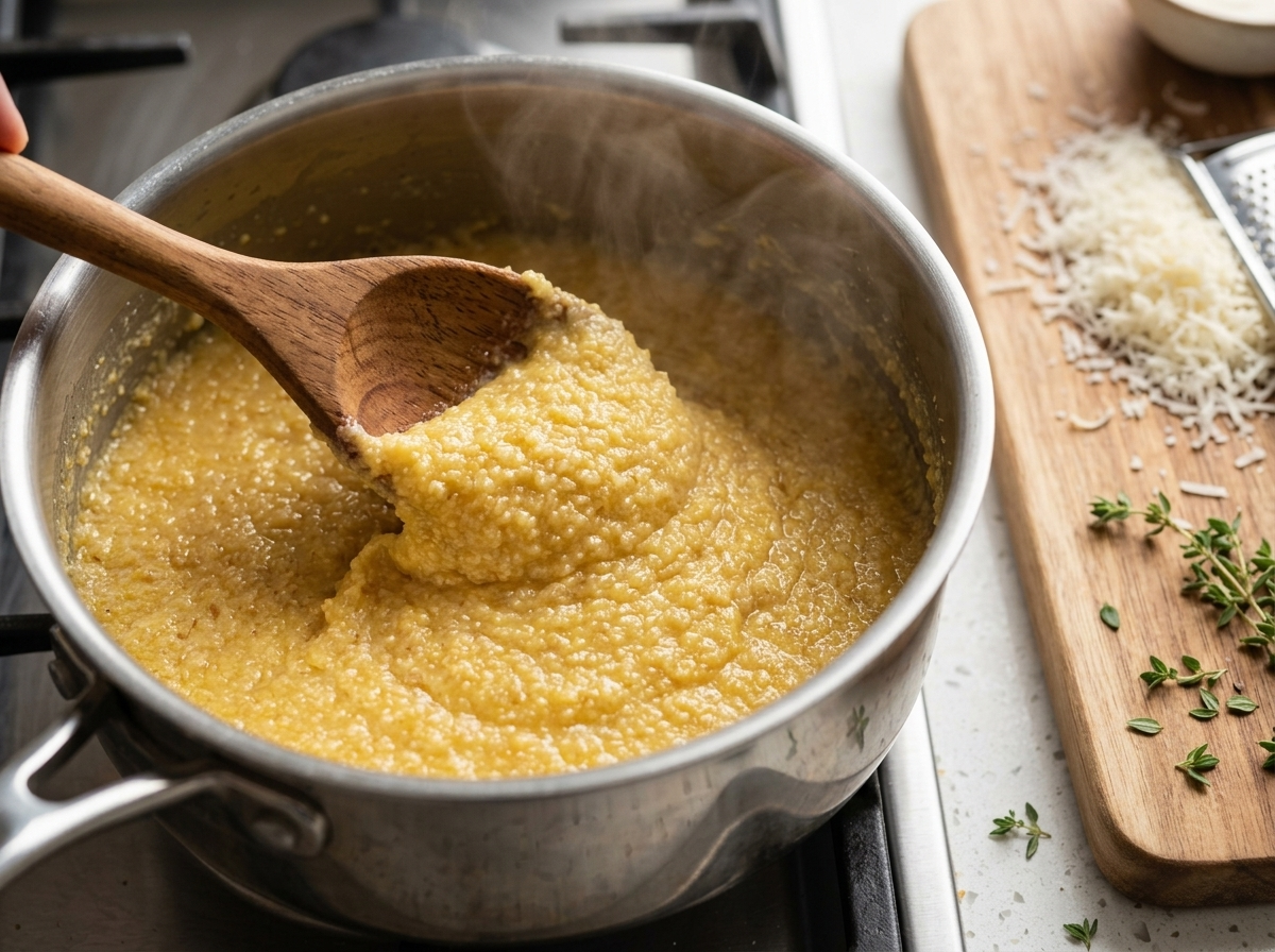 Thick spelt polenta base being stirred in a saucepan on the stovetop, steam rising, wooden spoon pulling the mixture.