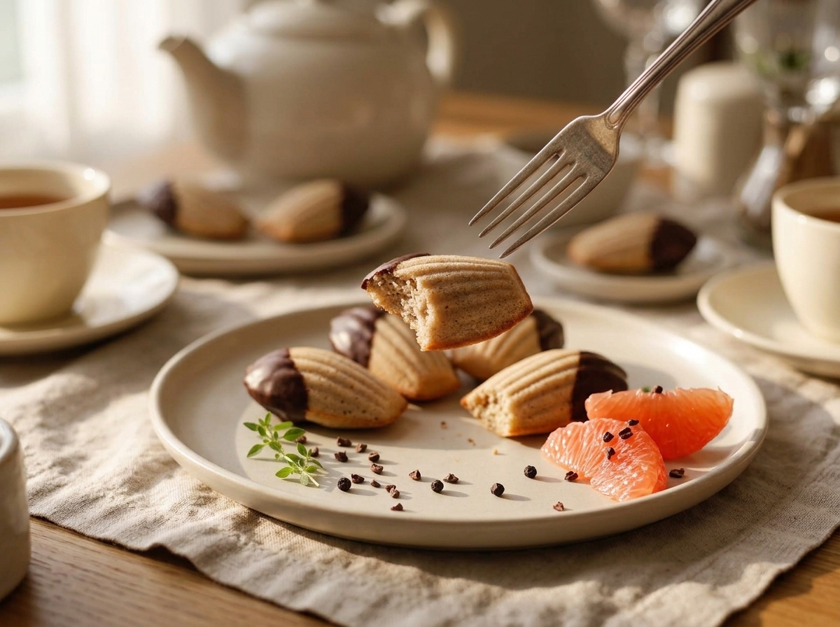 A linen-draped table with a teapot, two cups, and a plate of chocolate-dipped madeleines ready to share.