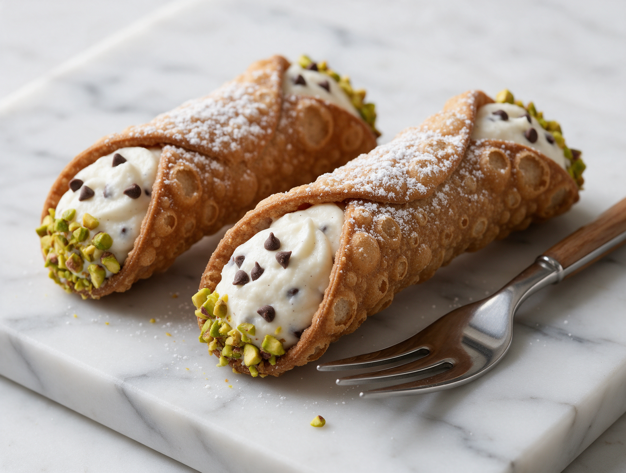 Three crisp spelt cannoli dusted with powdered sugar and pistachios, vanilla ricotta filling visible at both ends, on a marble board.