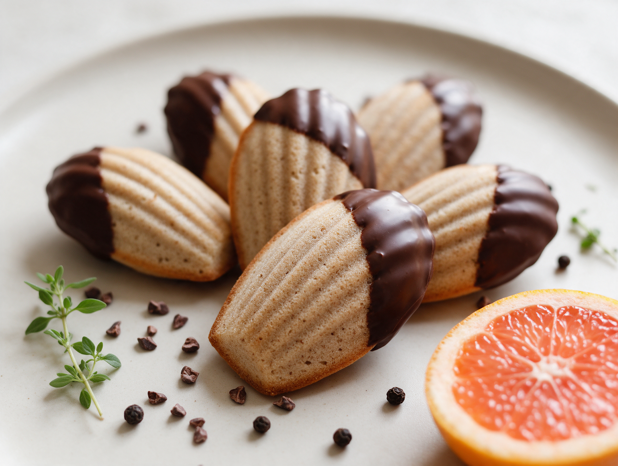 Chocolate-dipped spelt madeleines fanned on a marble board, dark chocolate edges glossy under soft window light.