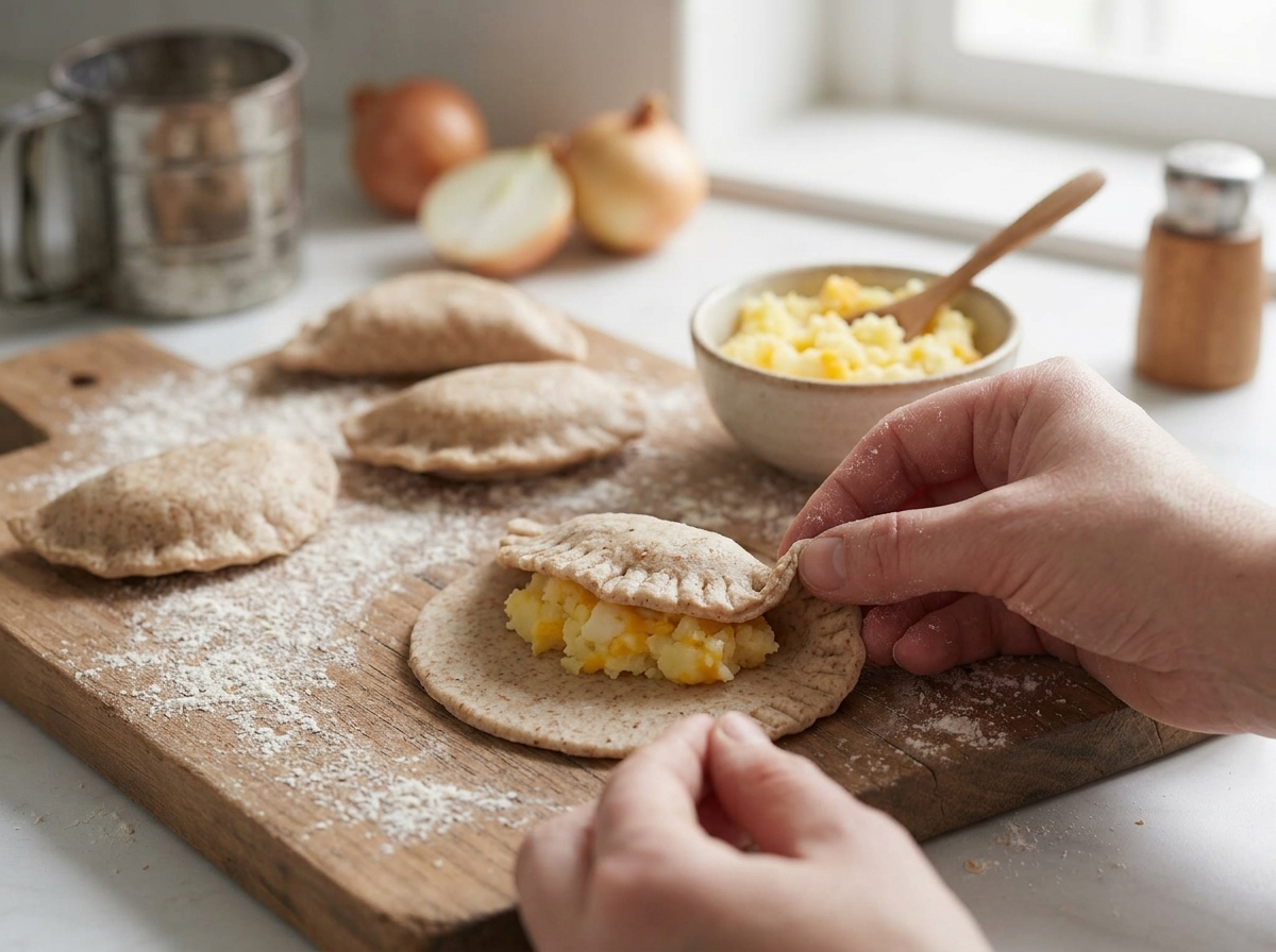 Hands sealing crimped edges of spelt pierogi dough filled with mashed potato and cheddar on a floured wooden board.