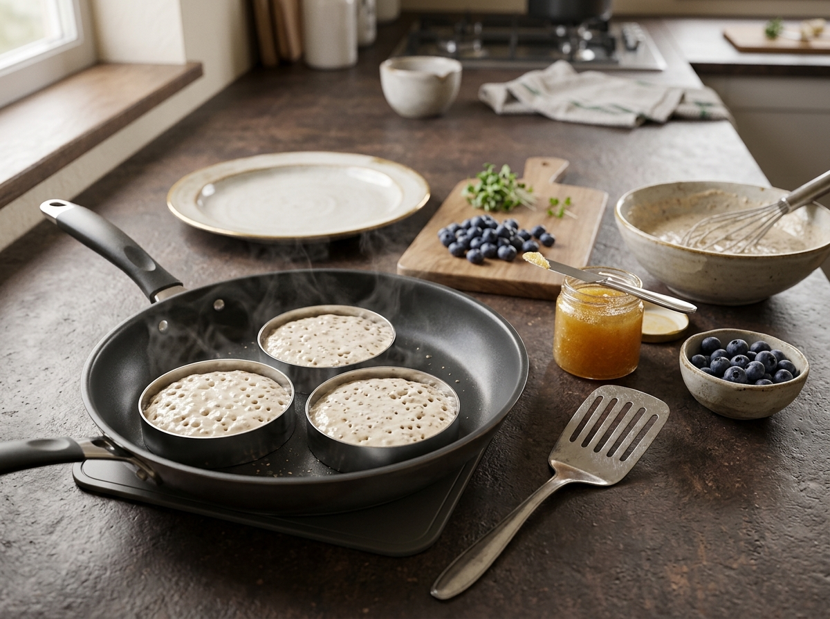 Crumpet batter bubbling inside metal rings on a nonstick skillet, small holes forming across the pale, matte surface