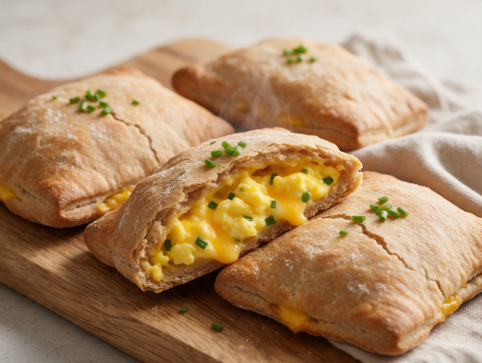 Golden baked spelt egg and cheese pocket sliced open on a wood board, steam rising, melted cheddar visible inside.
