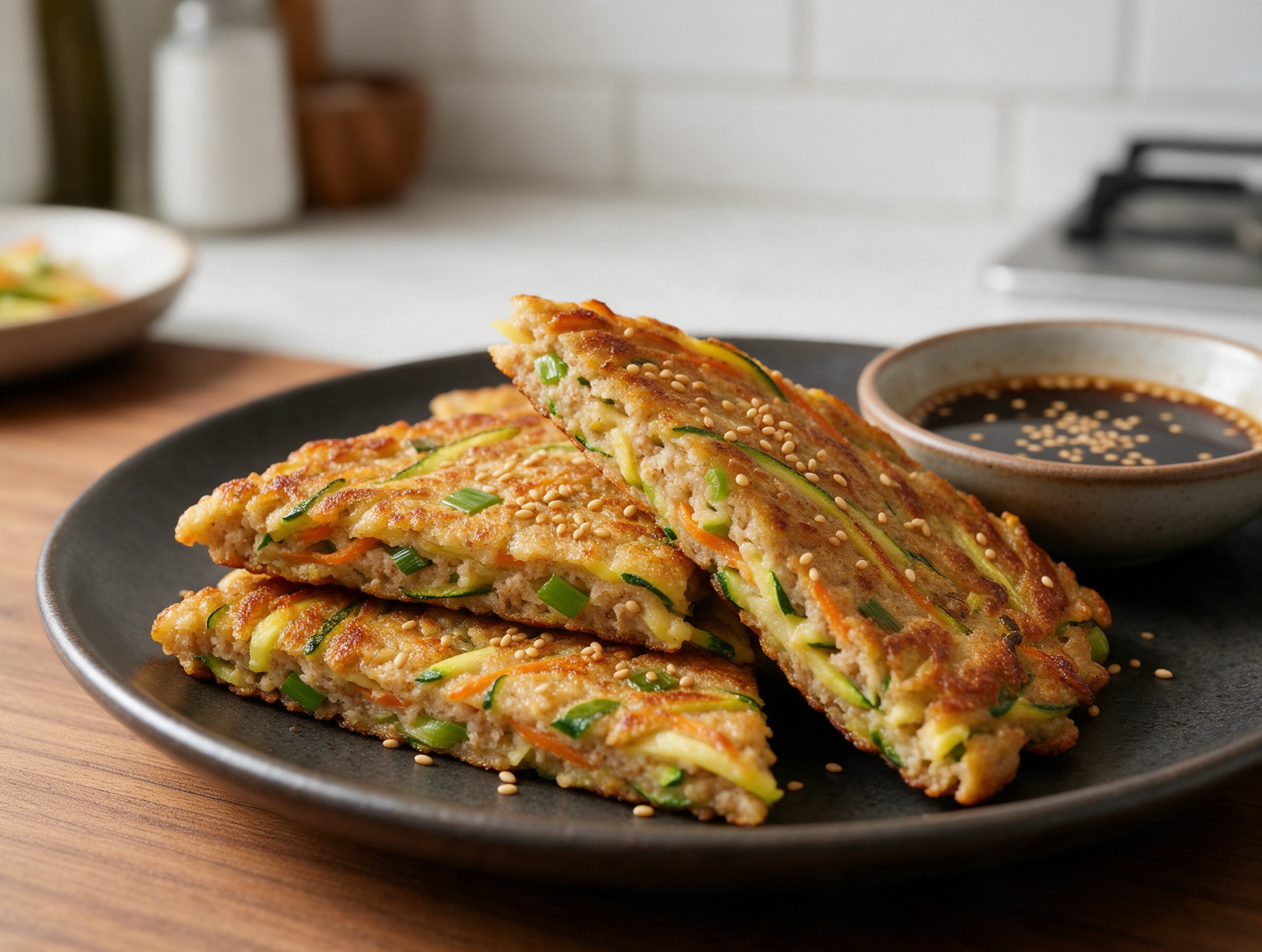 Golden spelt vegetable pancake wedges stacked with sesame seeds beside a bowl of soy dipping sauce on a dark plate