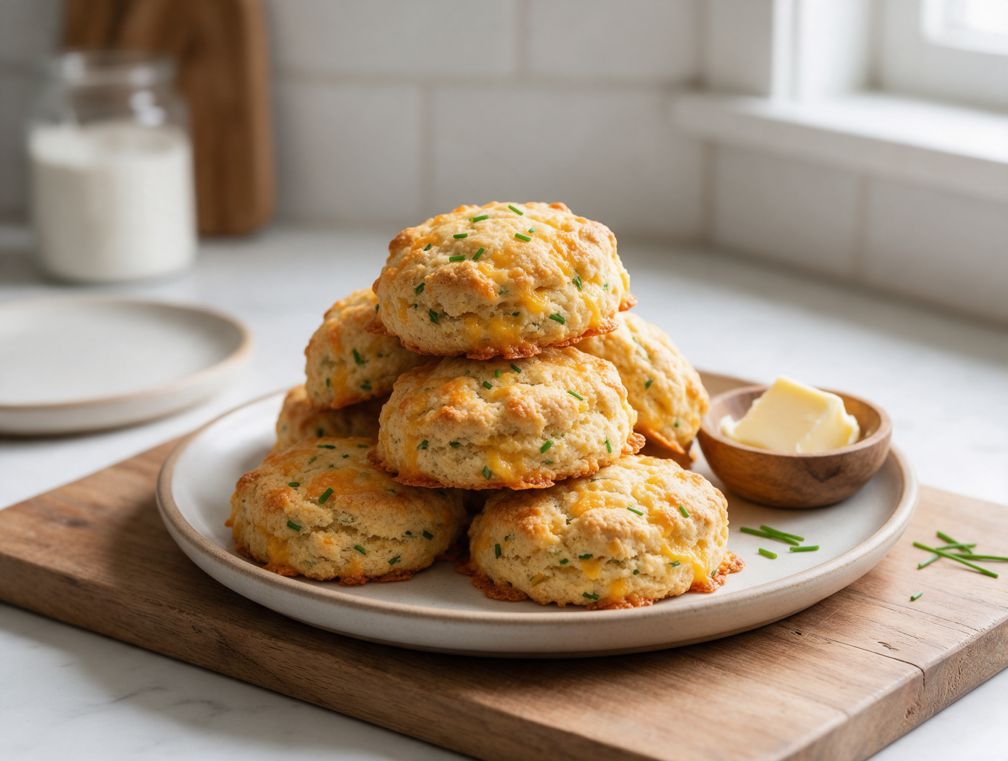 Golden cheddar and chive spelt scones stacked on a wooden board, melted cheese edges, fresh chives scattered on top.