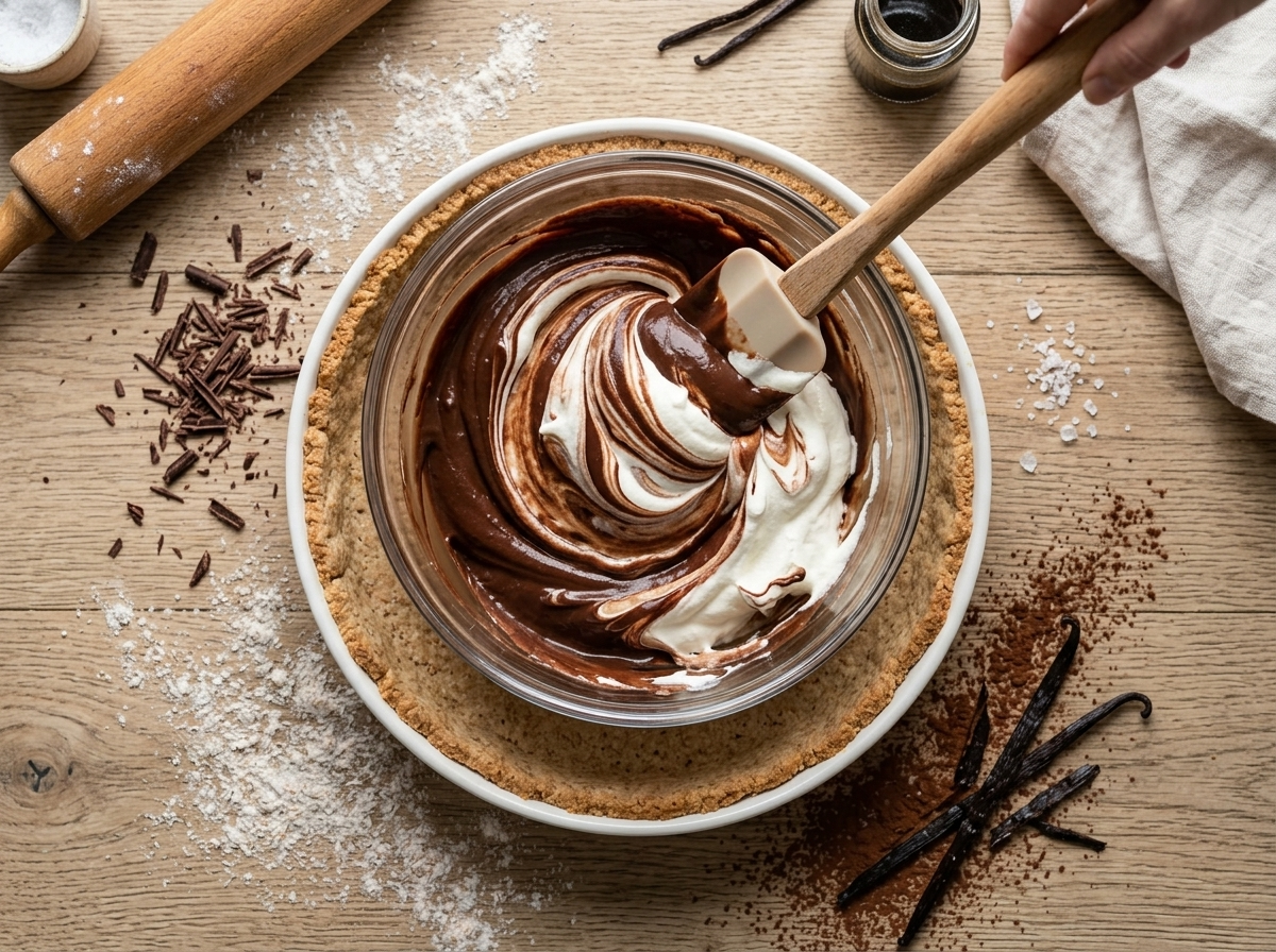 Rubber spatula folding glossy chocolate ganache into whipped cream inside a glass bowl, streaks still visible before mixing fully.
