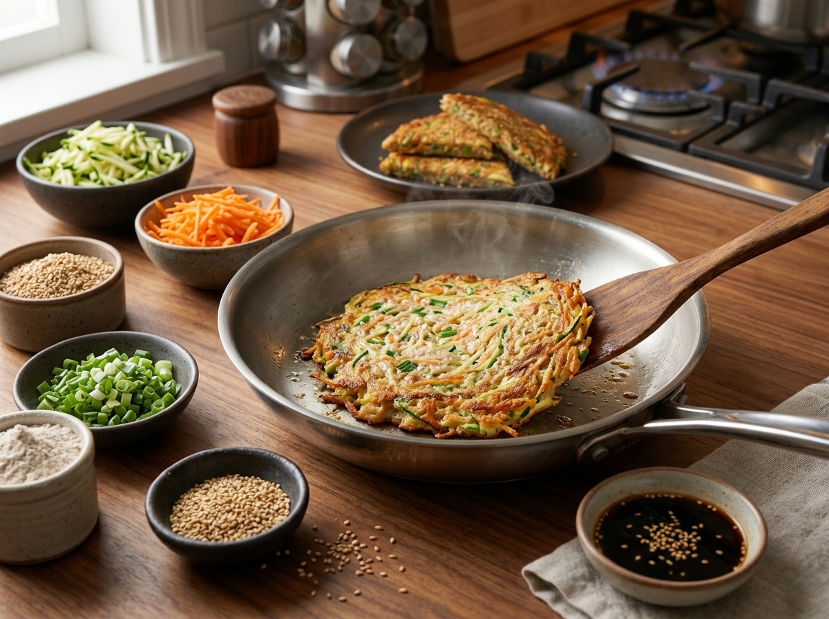 Vegetable-flecked spelt batter spreading in a hot skillet, zucchini and carrot strands crisping at the golden edges