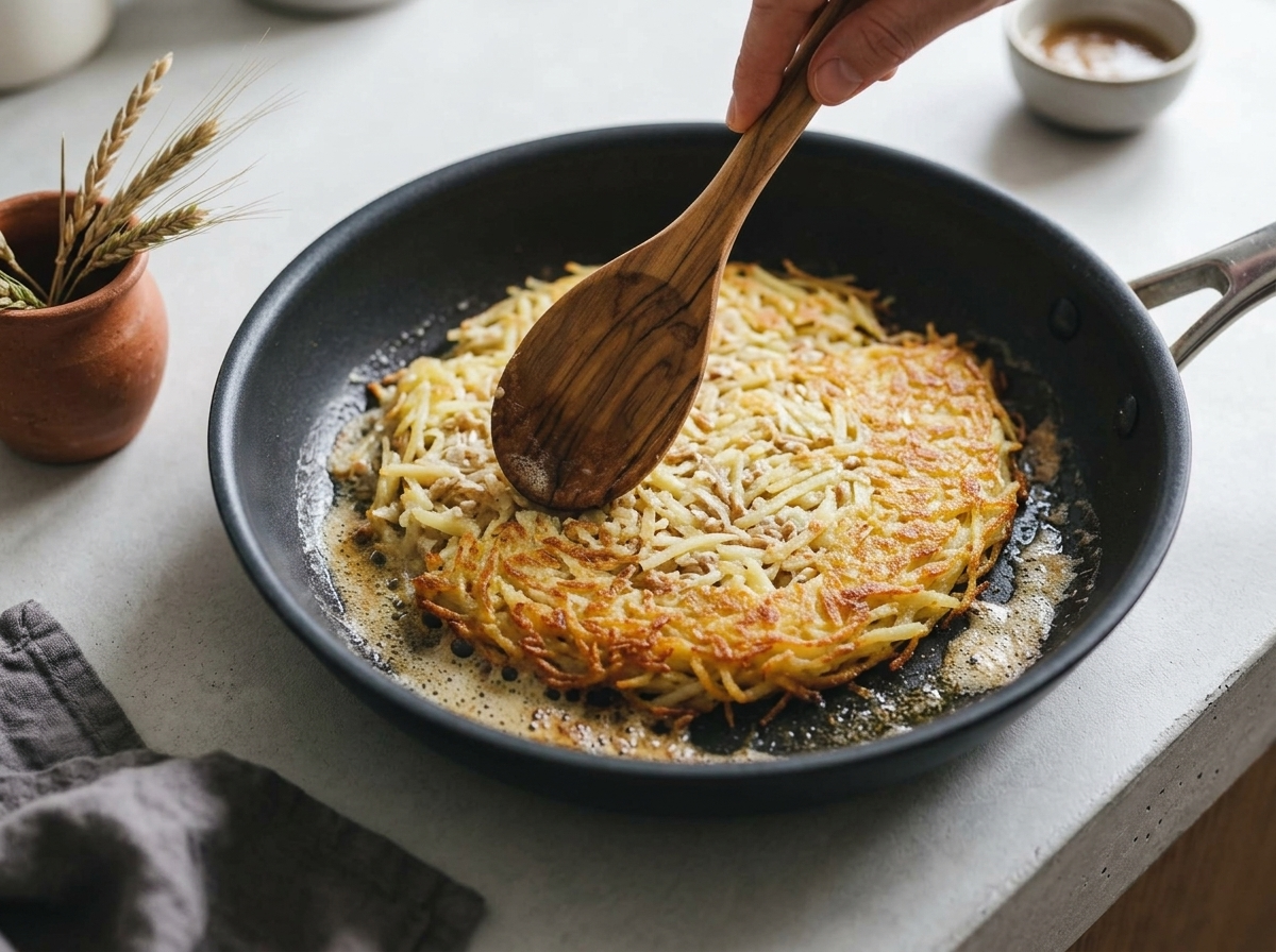 Grated potato and spelt flour mixture pressed into a foaming butter skillet, edges turning deep golden brown.