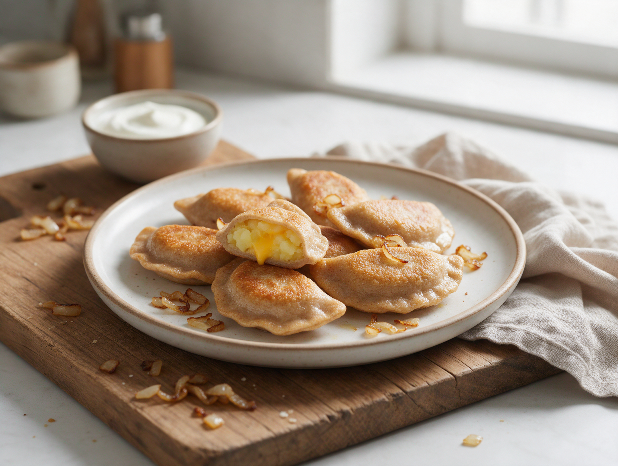 Golden pan-fried spelt pierogi with potato filling on a wooden board, topped with fried onion and a side of sour cream.