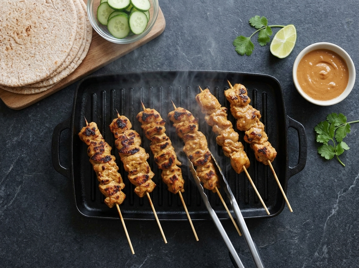 Eight chicken skewers charring on a black griddle pan as tongs turn one, steam rising from the pieces