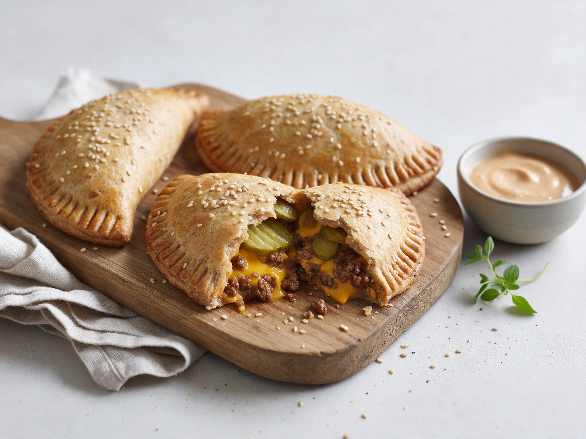 Golden half-moon cheeseburger hand pies with sesame seeds on a wooden board, one cut open to show cheddar
