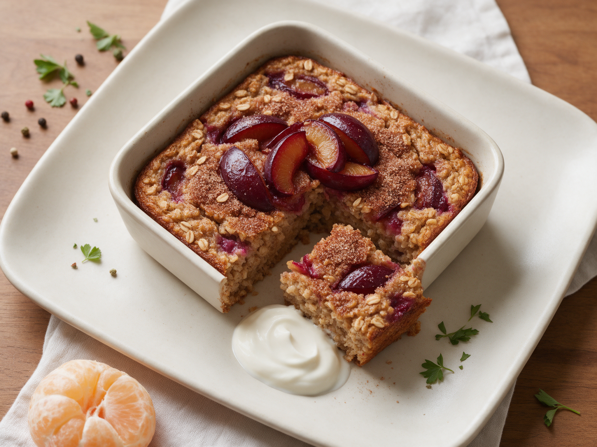 Square of spelt plum breakfast bake served with yogurt beside the baking dish