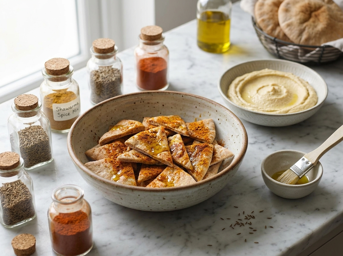 Hands tossing raw spelt pitta wedges in a bowl with olive oil, cumin and turmeric before baking