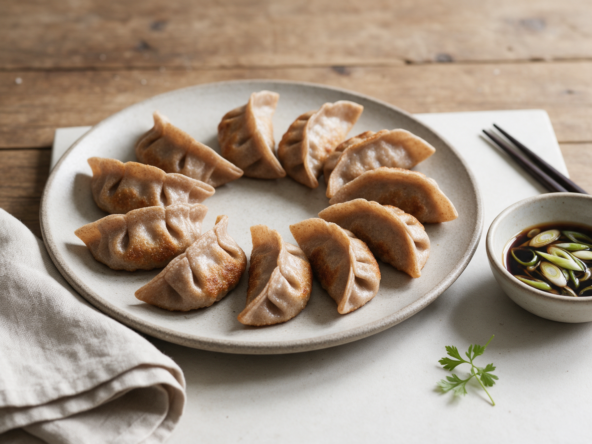 Golden pan-fried spelt gyoza with crisp bases on a stone plate beside a small bowl of soy dipping sauce