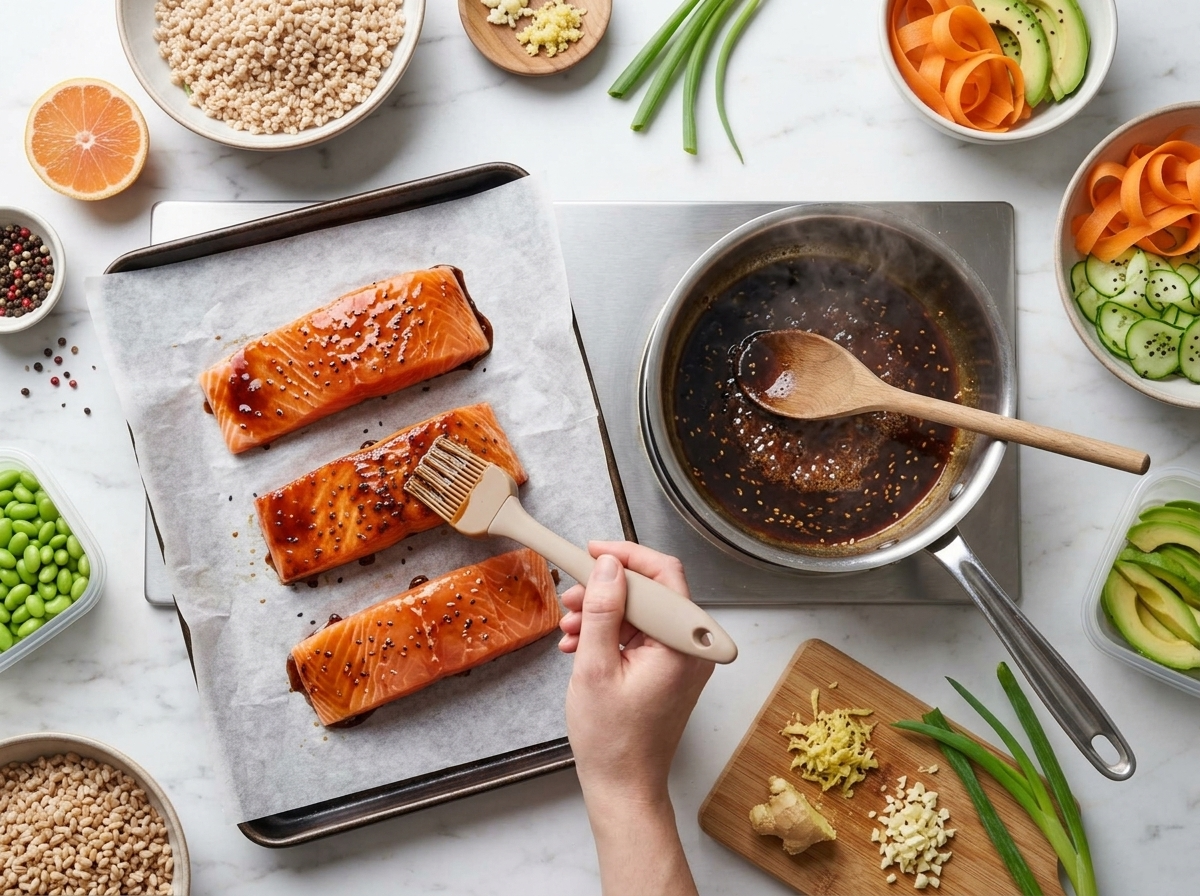 Salmon fillets brushed with dark teriyaki glaze on a parchment-lined sheet pan, with sauce dripping off the brush