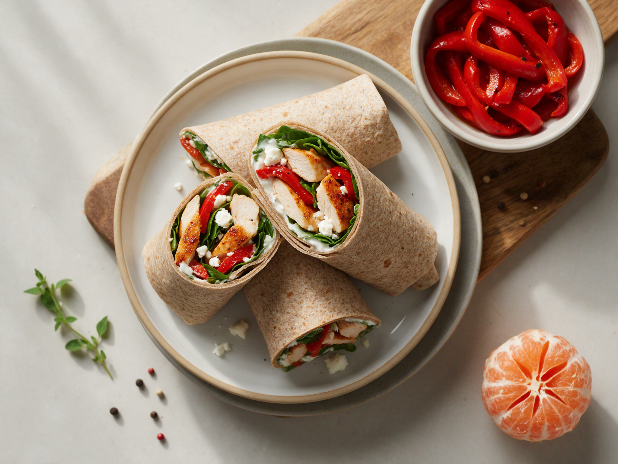Diagonally cut spelt wraps with sliced chicken, roasted red peppers, greens and feta