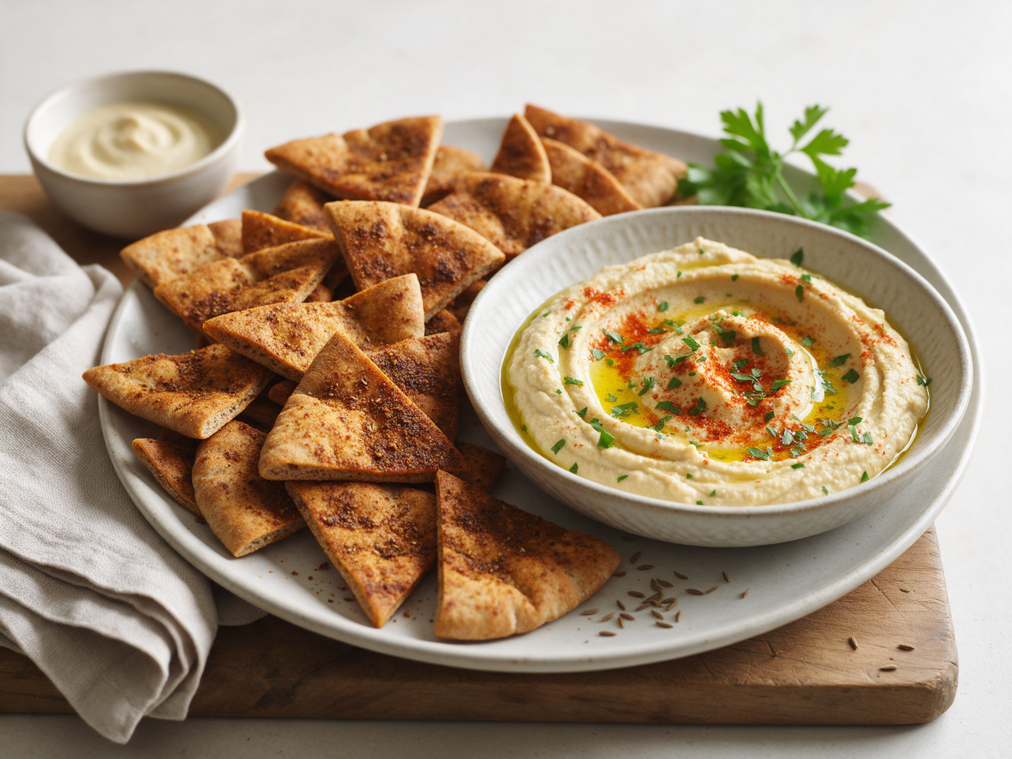 Overhead view of golden spiced pitta wedges beside a swirl of hummus with olive oil and paprika on a wooden board