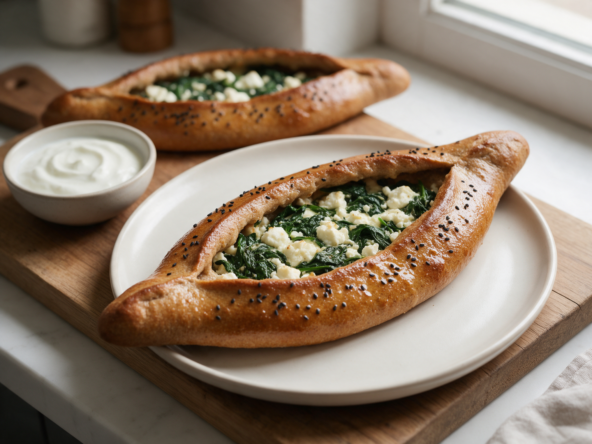 Baked spelt pide boat with golden rims and spinach and feta filling on a wooden board in soft window light