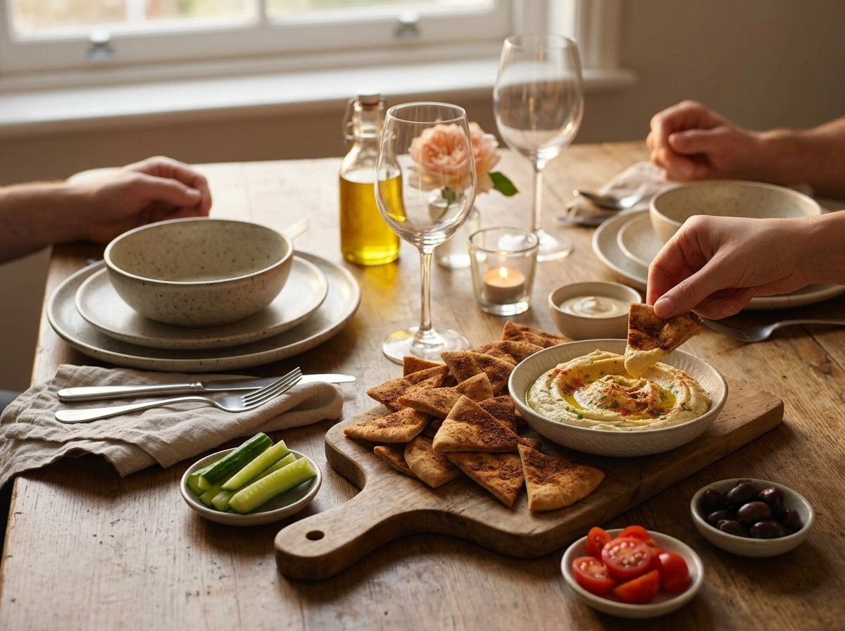 Friends sharing a mezze table with chips, cucumber sticks and olives in warm window light