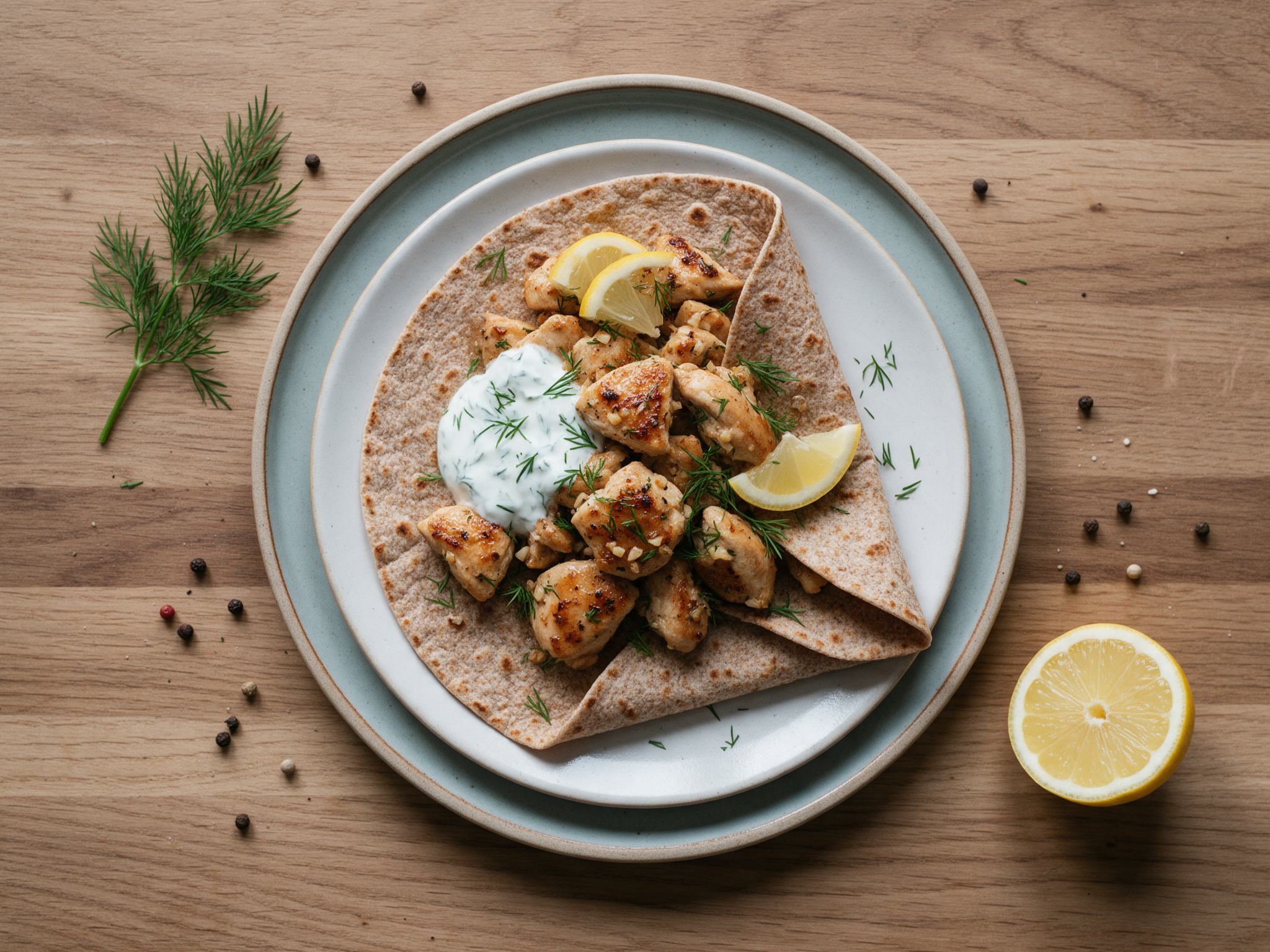 Spelt flatbread piled with browned lemon garlic chicken, yogurt-dill sauce and lemon wedges