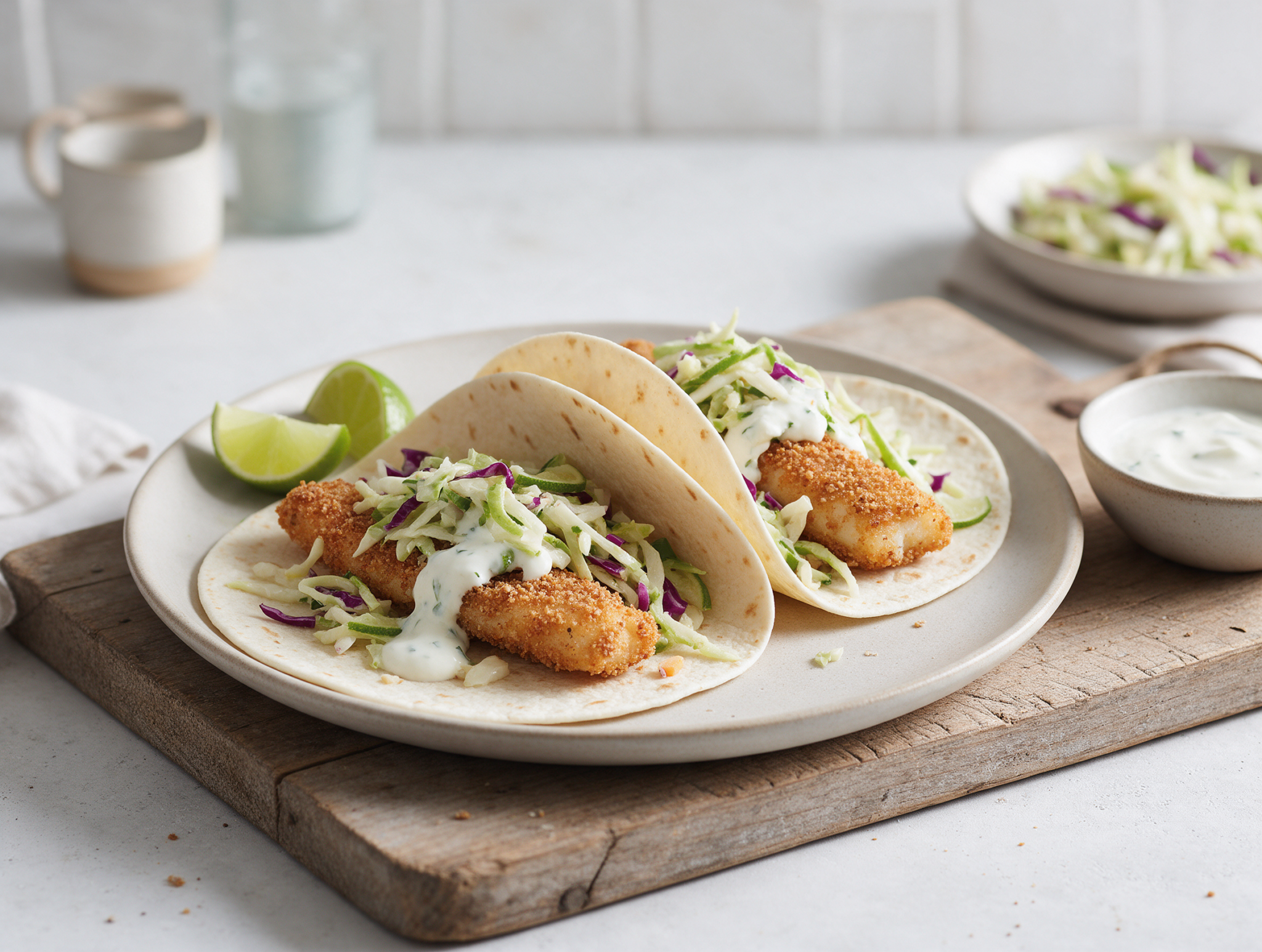 Two crispy spelt fish tacos with golden cod strips and green lime slaw on a wooden board in soft window light