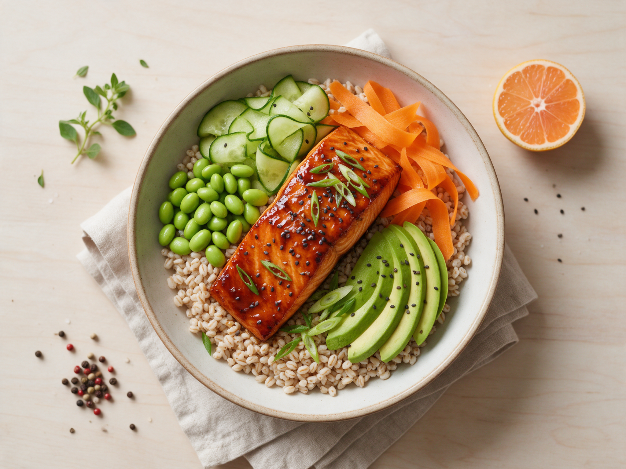 Overhead view of a bowl with glazed salmon, chewy spelt, edamame, cucumber and avocado on a pale wooden table