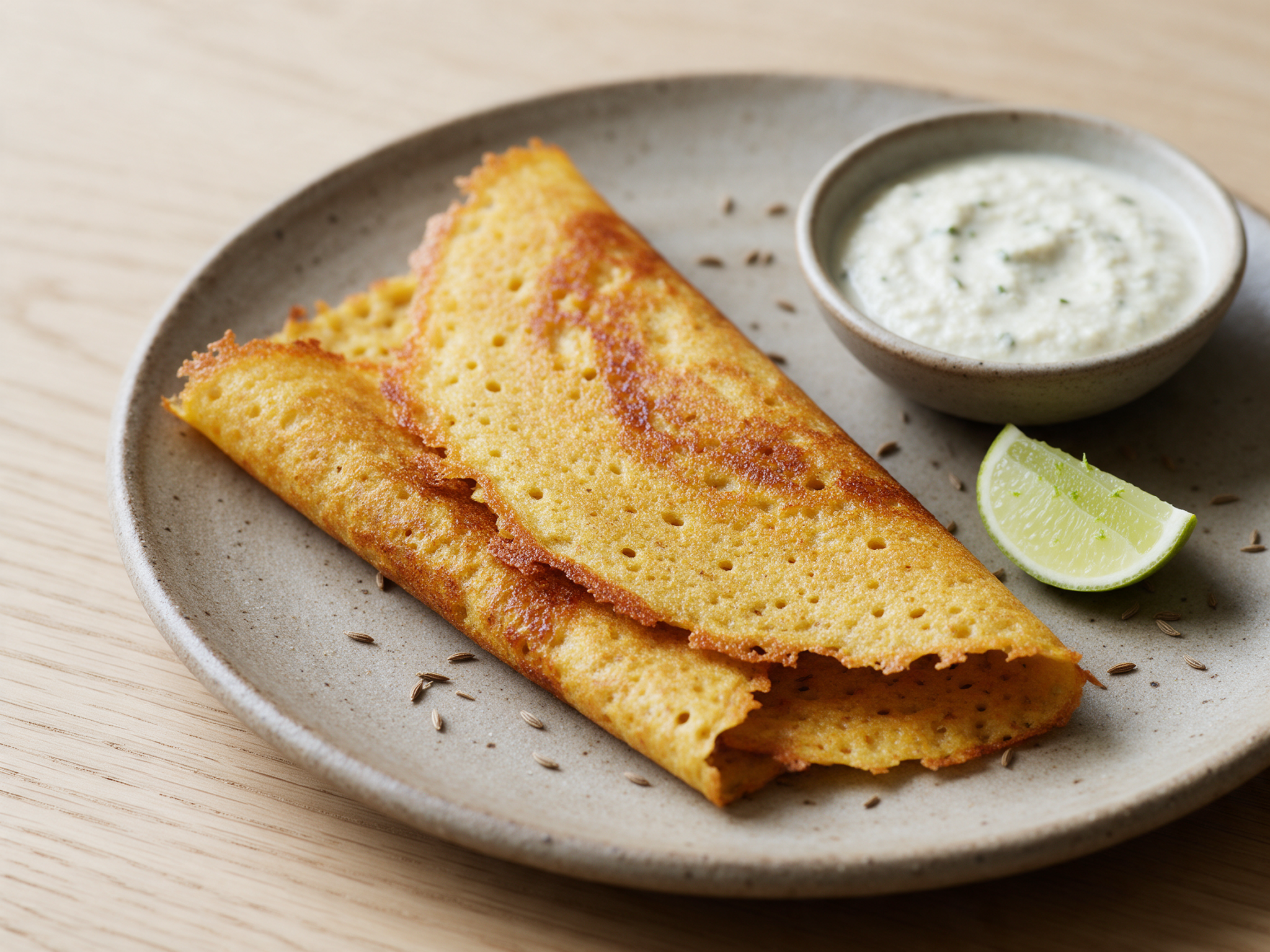 Golden spelt lentil pancakes folded on a stoneware plate beside coconut chutney and a lime wedge on oak