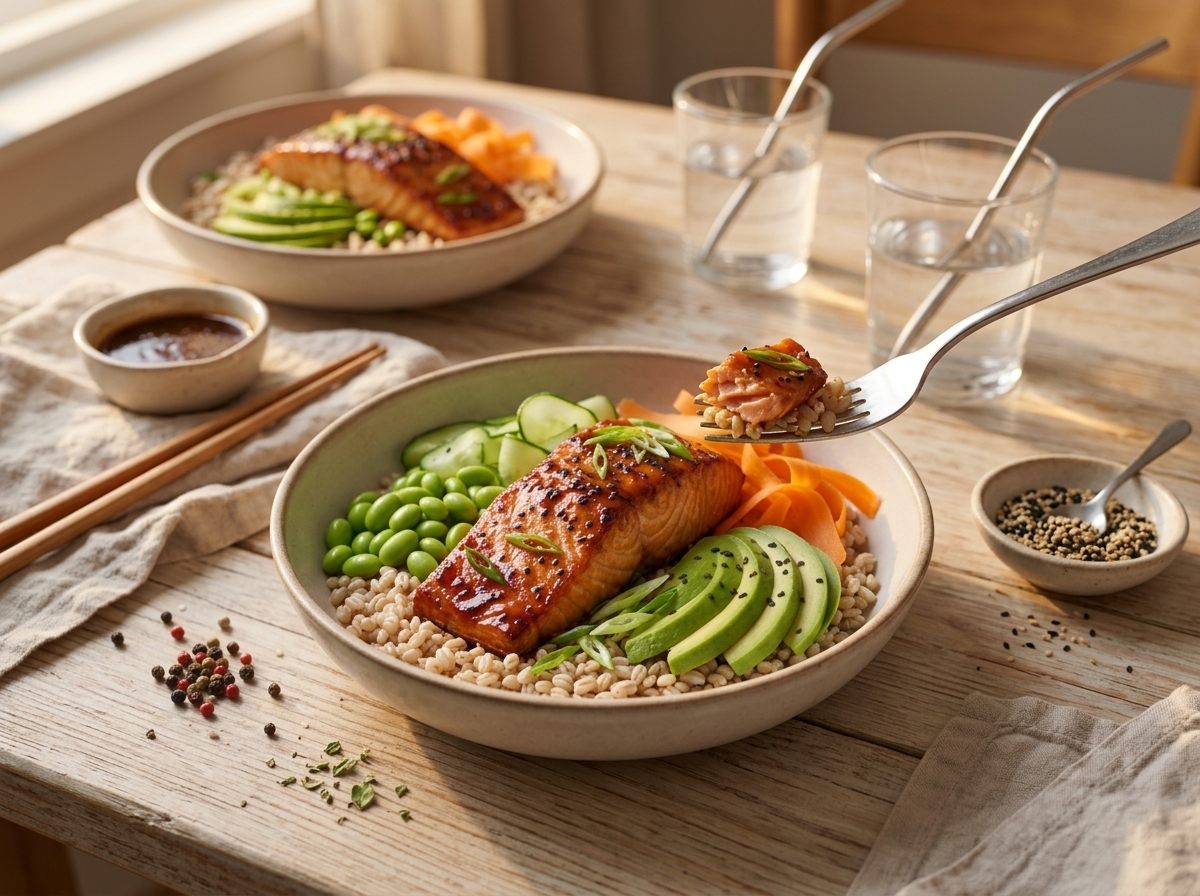 Two bowls and chopsticks on a linen napkin beside a small dish of extra sauce and a glass of water, evening light