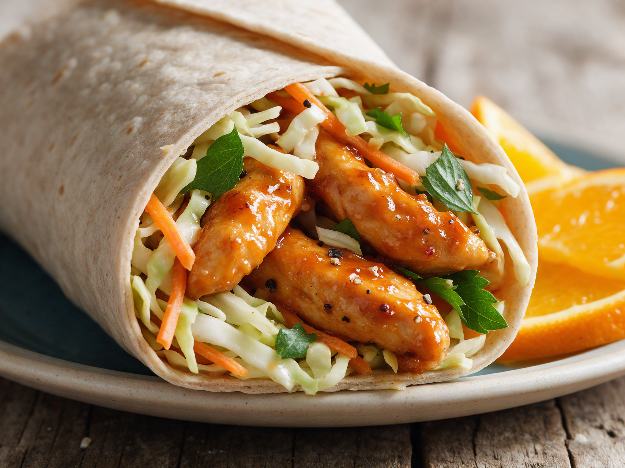Spelt wrap filled with orange-glazed chicken strips, crunchy slaw and fresh herbs beside orange slices