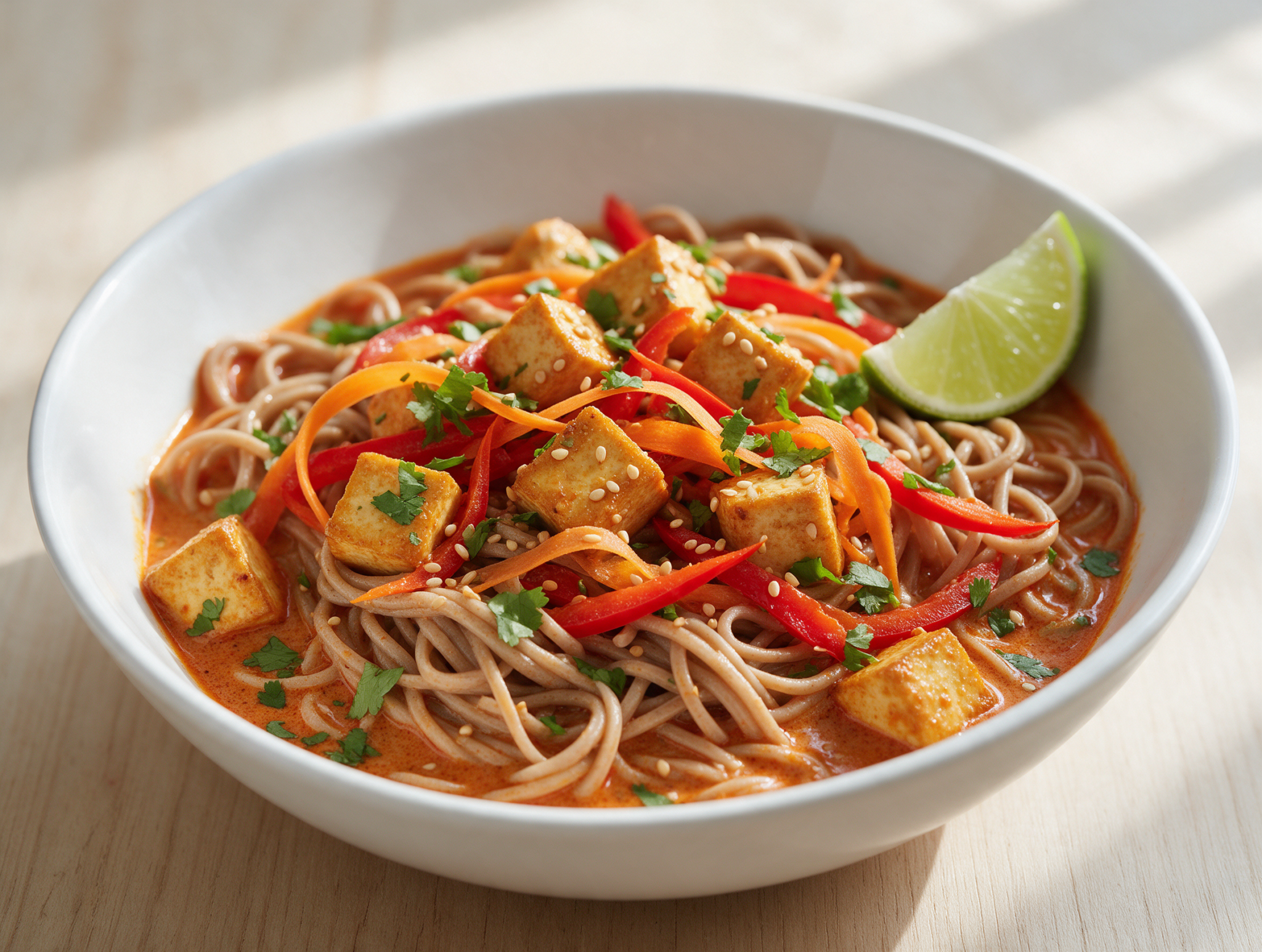 Overhead view of a white bowl of spelt noodles in coconut curry with tofu, red pepper and cilantro