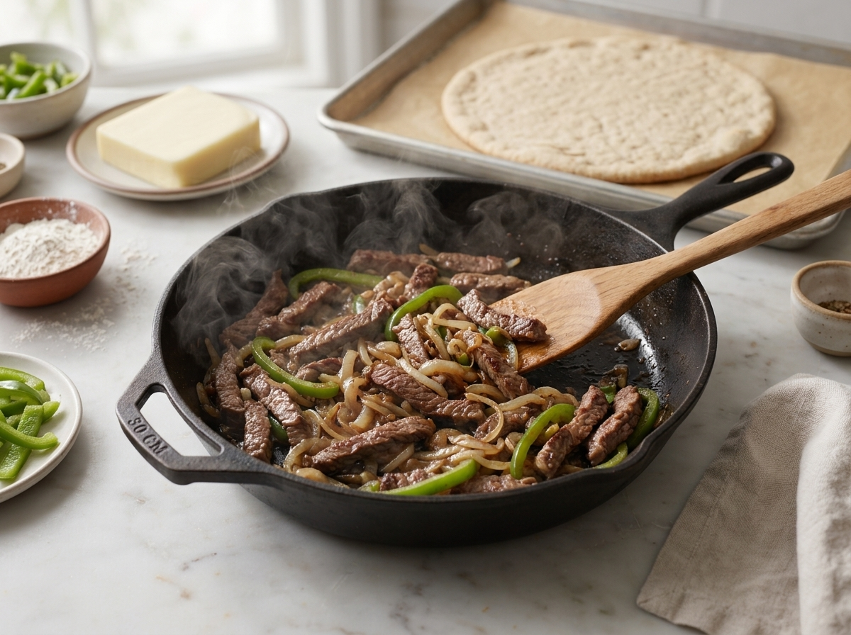 Thin steak slices browning in a cast-iron skillet beside softened onion and pepper strips on the stove