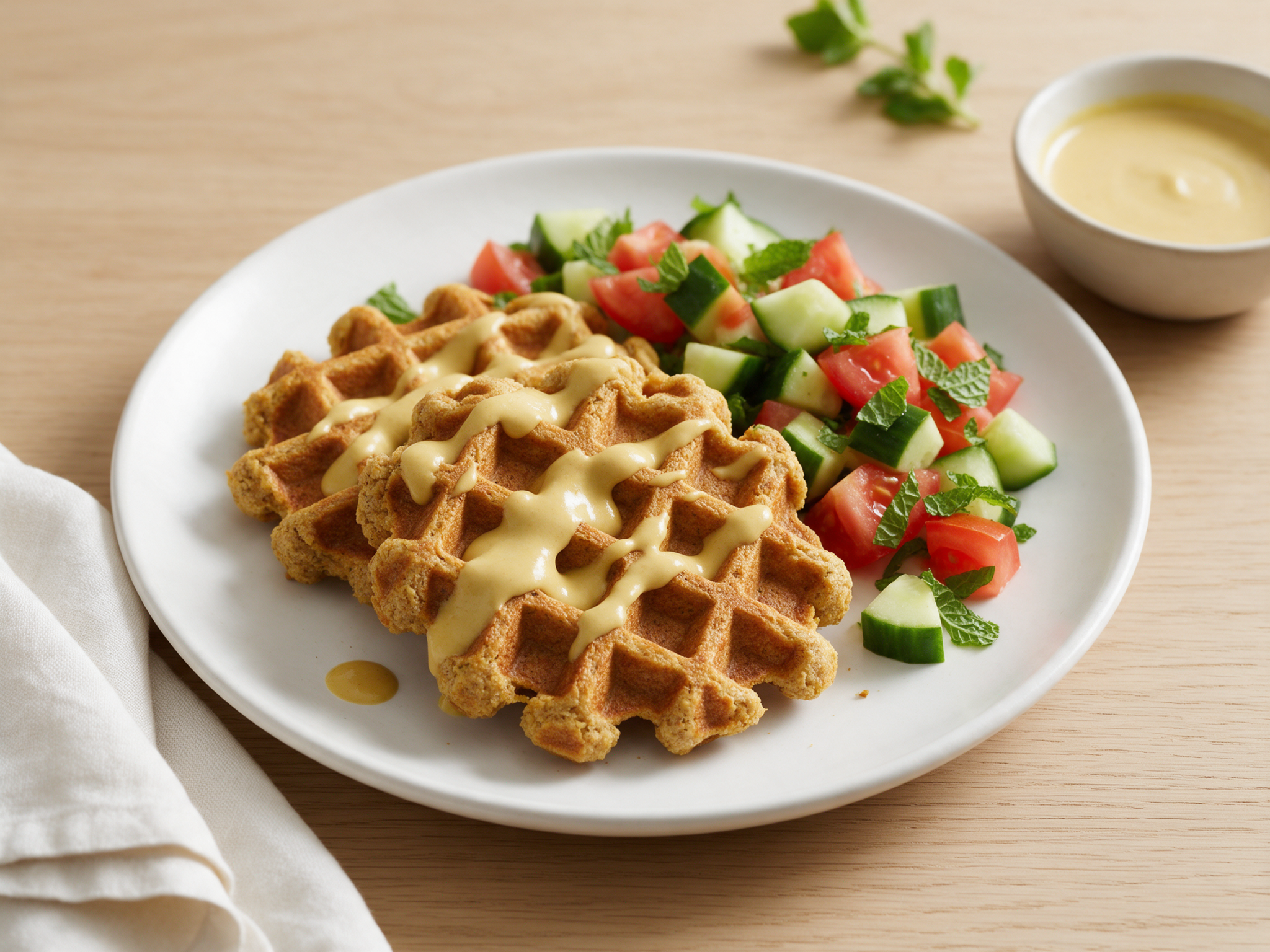 Two golden spelt falafel waffles on a white plate with tahini drizzle, cucumber tomato salad, and mint on linen