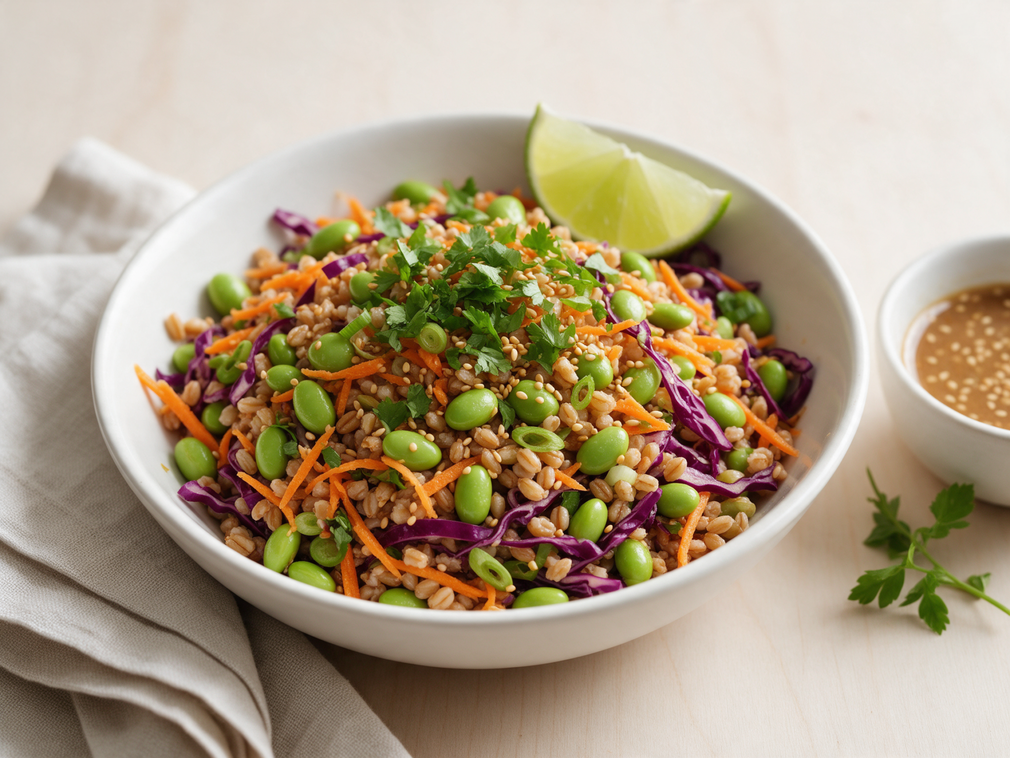 Spelt grain salad with edamame, shredded red cabbage and carrot in a white bowl on a linen cloth, window light